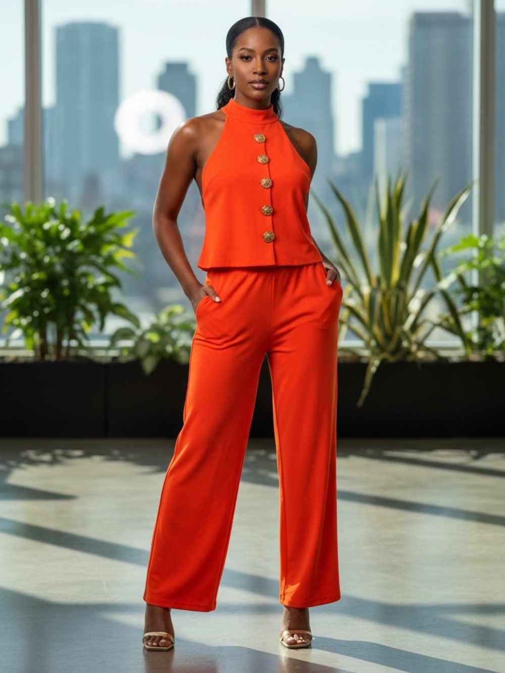 Sleeveless Orange Two Piece Set Pants & matching Blouse with Decorative Buttons